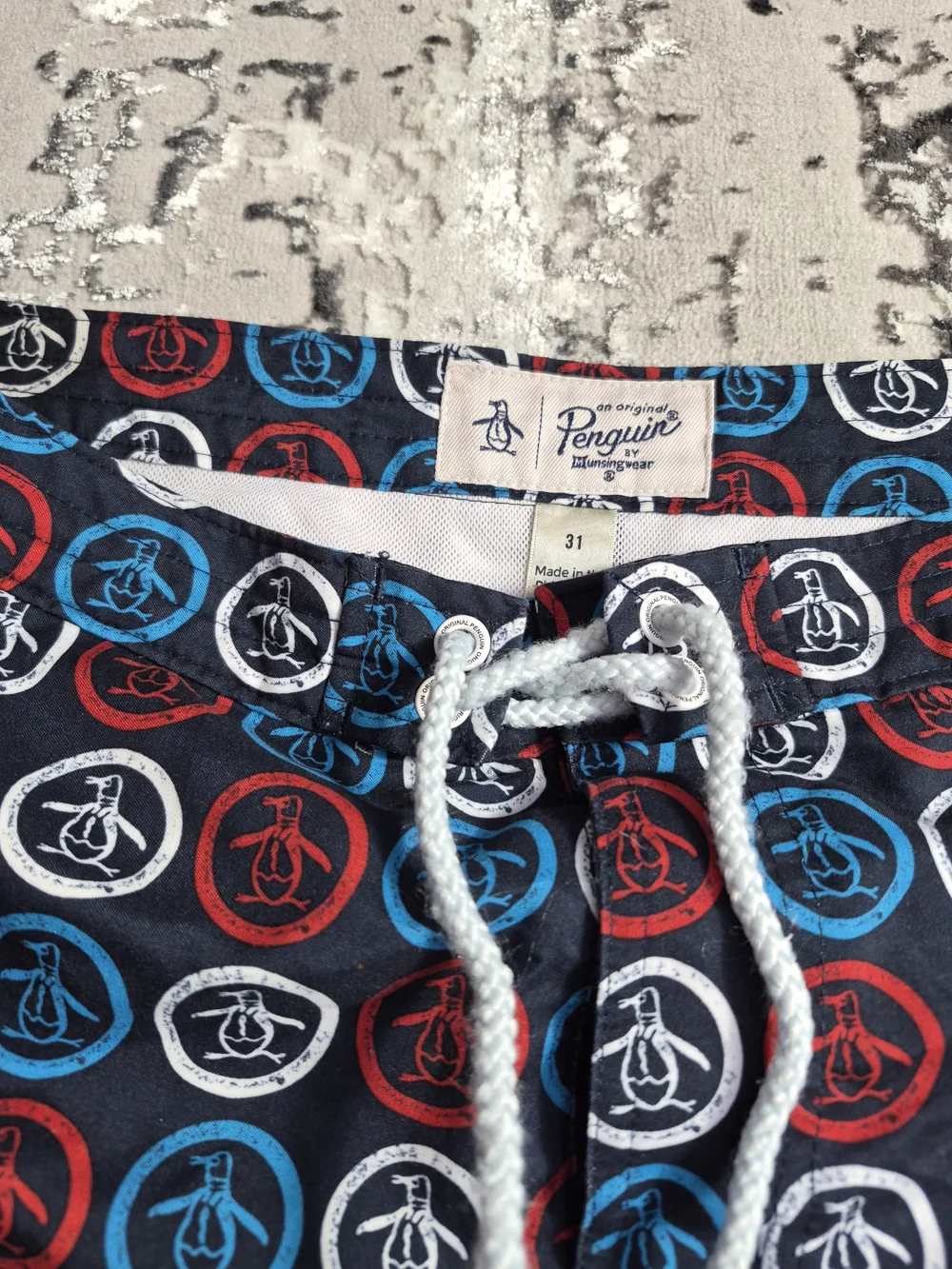 Original Penguin Navy Swim Shorts with Red & Blue Logo Circles
